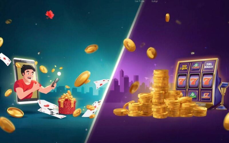 Illustration comparative des bonus de casino en ligne : à gauche un joueur profitant de bonus gratuits sans dépôt, à droite des gains plus importants avec bonus de bienvenue, symbolisant le choix entre risque zéro et potentiel élevé.