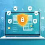 Illustration d’un casino en ligne fiable au Québec : un ordinateur avec un bouclier sécurisé et des icônes de validation, représentant la protection des données, la vérification et la sécurité des transactions en ligne.