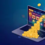 Illustration du fonctionnement du RTP au casino en ligne : un ordinateur affichant des machines à sous avec des piles de pièces en hausse et des graphiques, symbolisant le retour au joueur et les gains potentiels.